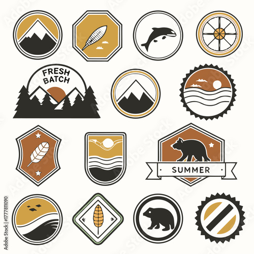 Outdoor Adventure Emblem Set With Mountains Bears Fish And Kayak Keywords outdoor, adventure, emblem, set .