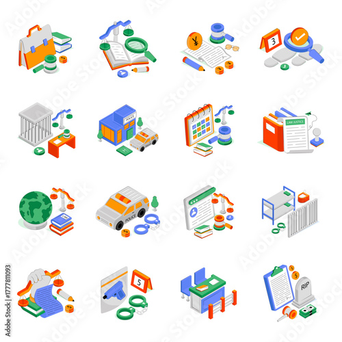 Set of Law and Order Isometric Illustrations 