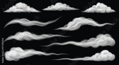 Vector illustration of collection of handdrawn clouds and smoke wisps on a