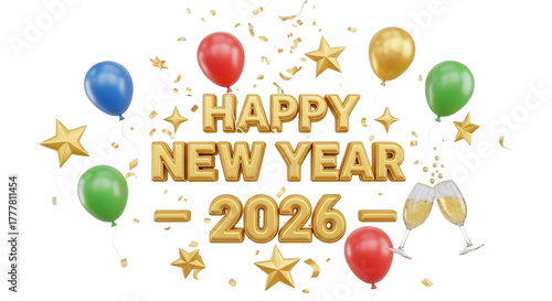 Happy new year 2026 with balloons, stars, and champagne glasses isolated on transparent background