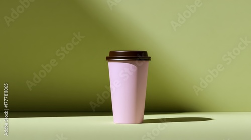 Wallpaper Mural A pink coffee cup with a brown lid is placed on a green surface. The scene is simple and uncluttered, with the focus on the cup and its lid Torontodigital.ca
