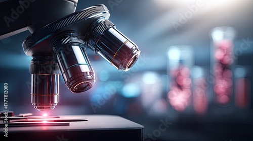 Microscope with illuminated sample and blurred test tubes in background.