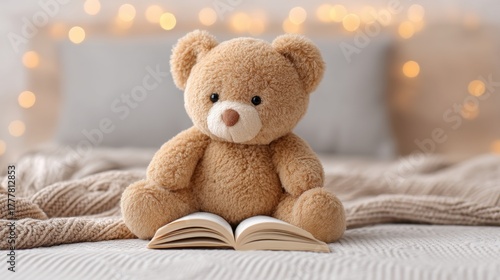 Cozy Teddy Bear Sitting on Bed with Open Book in Warm Home Environment Surrounded by Soft Lights for a Charming Interior Atmosphere