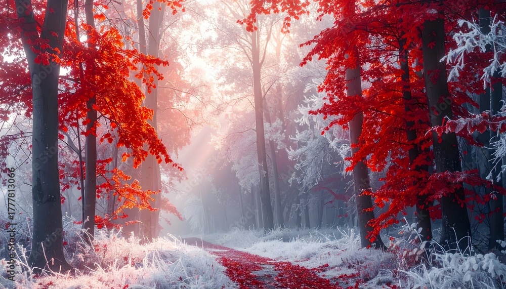 Obraz premium Forest path contrasting red autumn leaves with winter frost
