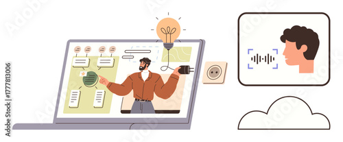 Man giving an online presentation via screen with charts and a lightbulb idea metaphor, connected to cloud and voice recognition. Ideal for education, innovation, remote work, technology, ideation