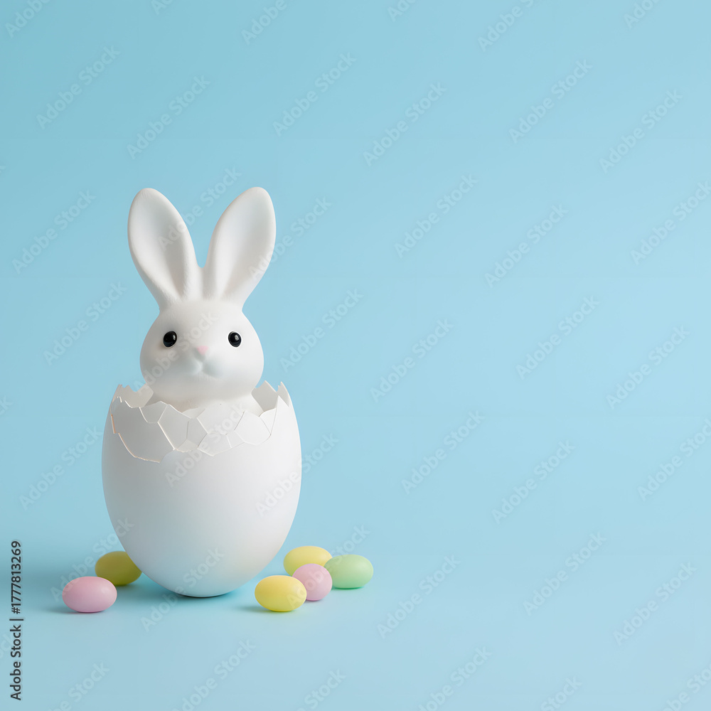 Obraz premium Cute Bunny Emerging from Egg with Colorful Candies on Blue Background