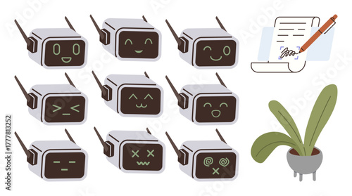 Robots showing different expressions, alongside a signed document and a green potted plant. Ideal for AI innovation, technology interaction, automation, emotion recognition, robotics ethics