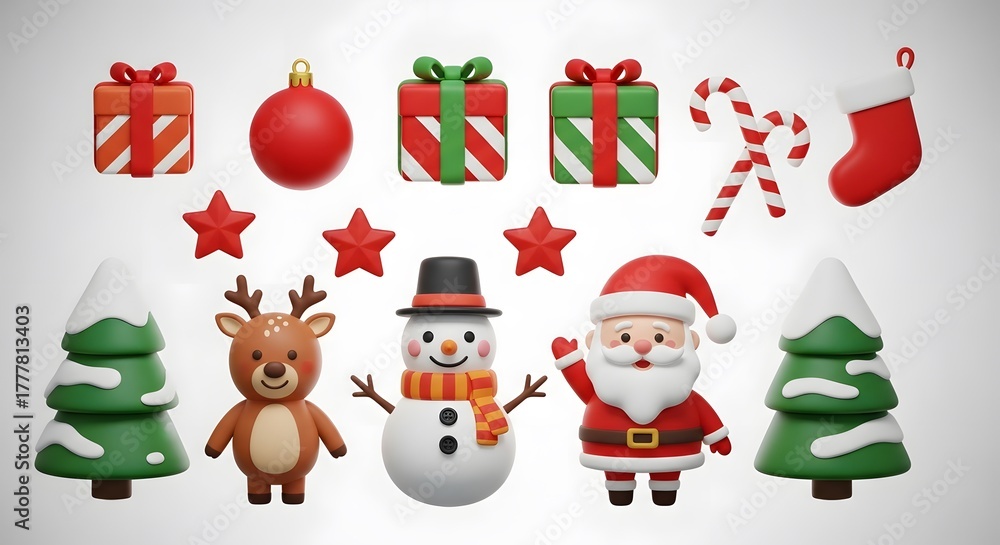Fototapeta premium Festive christmas characters and gifts on a white background