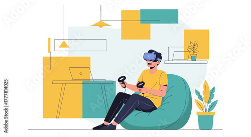 A young man immersed in virtual reality at home, experiencing innovative gaming on a beanbag