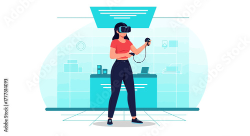 A young woman explores virtual reality, experiencing immersive gaming and digital worlds using