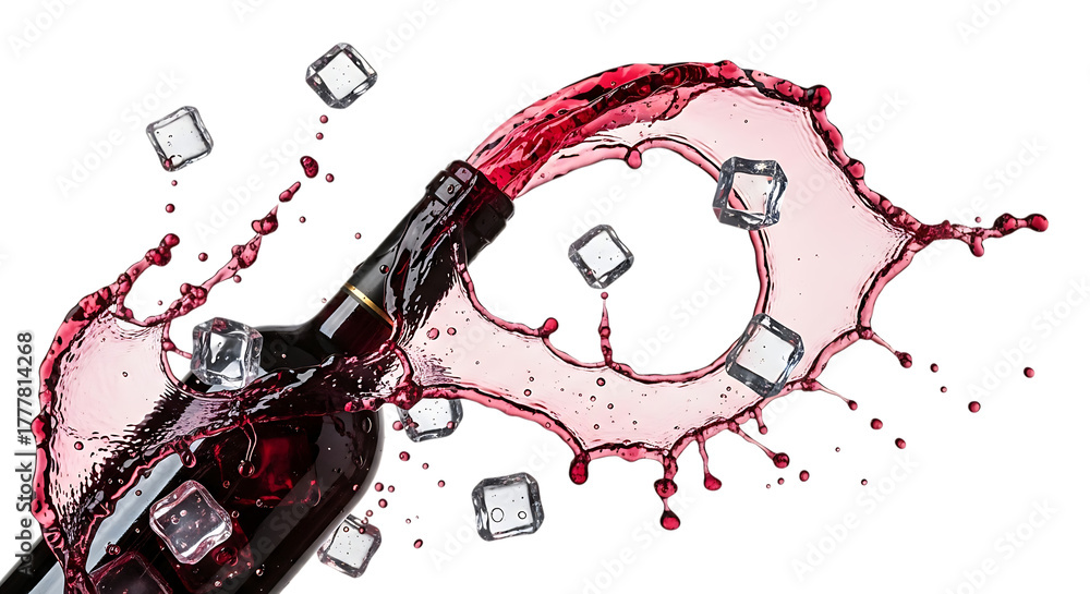 Fototapeta premium A dramatic splash of red wine with ice cubes, isolated on transparent background the wine pours from a dark bottle, creating a dynamic and visually striking image