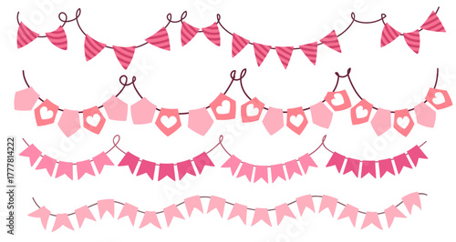 Set of pink pennant chains and garlands with hearts and ribbons. Cute decorative vector illustration for girls party, baby shower, birthday, wedding
