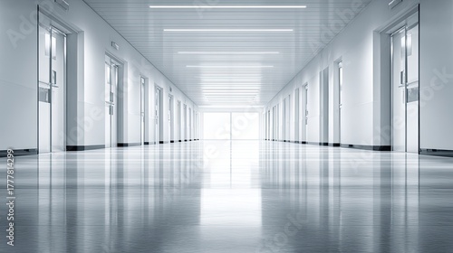 Bright, modern hallway with polished floor and doorways receding.