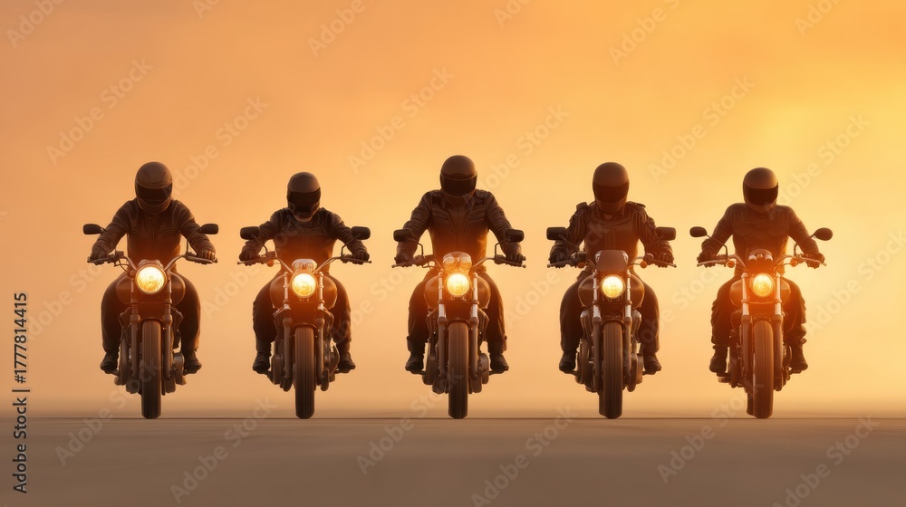 Fototapeta premium Motorcycle Riders in Leather Gear Cruising on Highway During Sunset for an Adventure Lifestyle Visual Experience