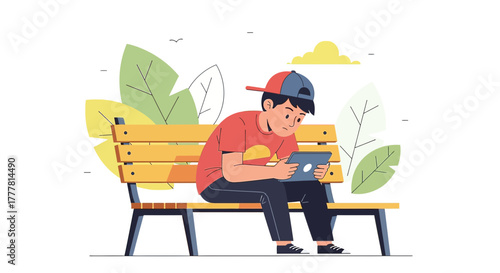 Boy engrossed in tablet on park bench surrounded by stylized natural elements illustration