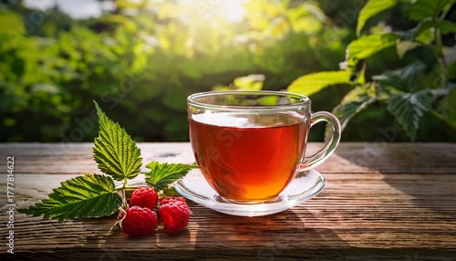 freshly brewed herbal raspberry leave tea in a glass cup on wooden table in a garden naturopathic medicine