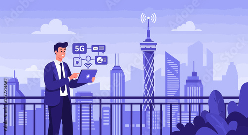 Businessman leveraging 5G technology with laptop against cityscape backdrop for enhanced