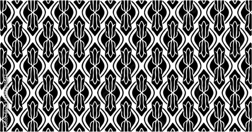 Black and white seamless geometric pattern with abstract diamond shapes forming a modern ornamental background.