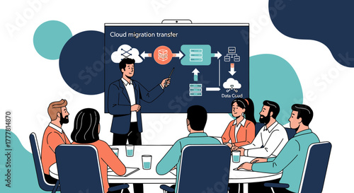 Cloud migration transfer meeting with presentation and discussion among team members sharing