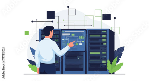 Data center management server room administration with professional IT engineer analysis