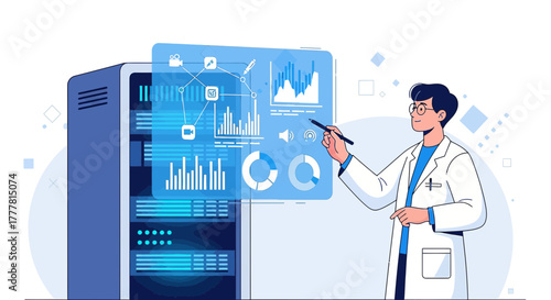 Data scientist interacting with server data analyzing charts for innovative solutions