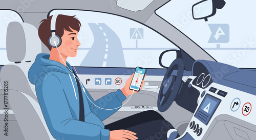 Distracted driving illustration featuring a driver using a smartphone while listening to music on