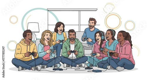 Diverse group of friends joyfully playing video games together at home in a cozy setting