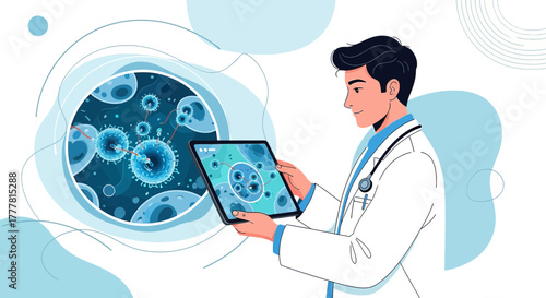 Doctor analyzes virus cells through digital tablet in laboratory environment illustration