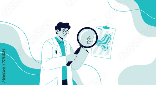 Doctor analyzing ear anatomy with magnifying glass for medical diagnosis illustration