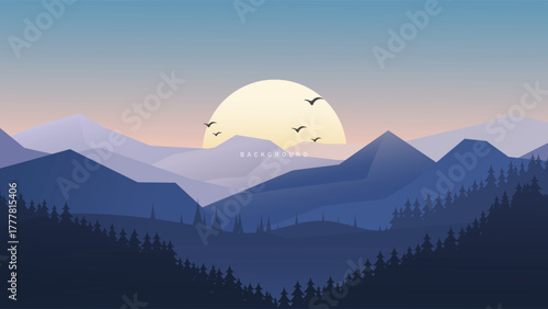 Minimalist Mountain Landscape with Sunrise and Flying Birds Vector Background for Nature and Travel Design