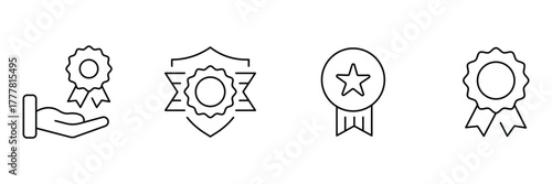 Hand holding badge, shield award, star ribbon, minimal outline badge icon set, achievement prize vector illustration, line art symbol.