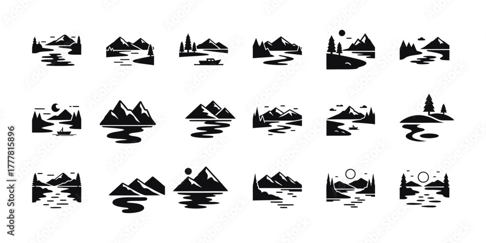 Naklejka premium Collection of mountain and lake silhouettes isolated on white background art