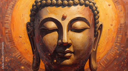 Golden Buddha Atomic Oil Painting Portrait with Warm Sunset Aura.