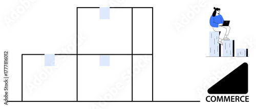 Woman working on laptop seated on bar charts, adjacent to stacked boxes, and commerce graphic. Ideal for logistics, analysis, business, e-commerce, trade shipping packaging. Simple flat metaphor