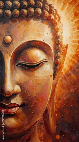 Golden Buddha Atomic Oil Painting Portrait with Warm Sunset Aura.