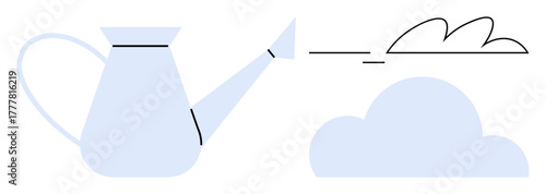 Watering can pouring abstract water onto a light cloud. Ideal for growth, care, environment, sustainability, innovation, creativity, climate, simple flat metaphor