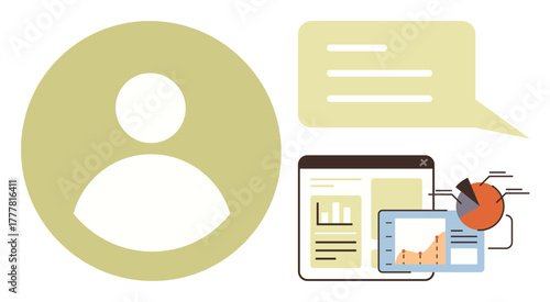 User profile icon with speech bubble, webpage layout, pie chart, and tablet displaying graphics. Ideal for communication, data analysis, user management, team collaboration, research content
