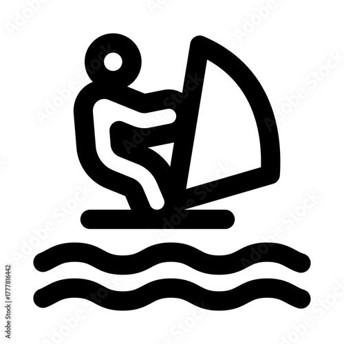 Windsurf sailing icon showing water sport adventure with board, sail, ocean waves, and outdoor recreation