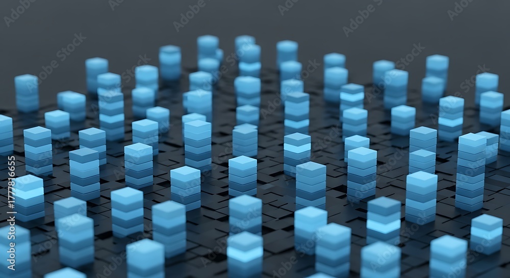 Fototapeta premium Abstract 3d rendering of a futuristic cityscape with blue columns of varying heights, creating a modern and technological background design