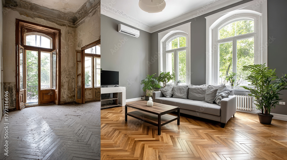 Fototapeta premium Comparison of abandoned and renovated living spaces with wooden flooring and large windows highlighting transformation.
