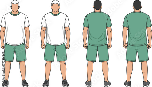 Male fashion illustration, casual outfit front and back, white t-shirt, green shorts, black sneakers, character design, apparel template, hairstyle variation