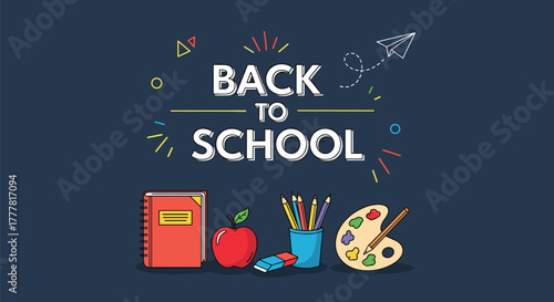 Vibrant Back to School illustration with a notebook, apple, pencils, eraser, and paint palette on a dark blue background, symbolizing education.