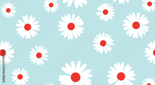 A bright and cheerful seamless pattern of simple white daisy flowers with vibrant red centers scattered across a gentle sky blue background.