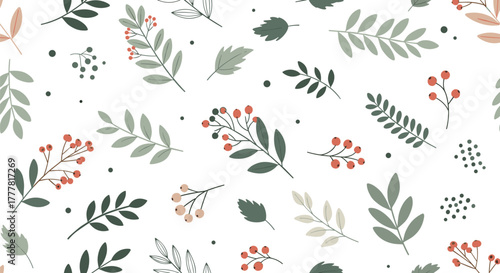 Elegant seamless pattern featuring illustrations of various leaves and branches with berries in muted green and red tones, ideal for textile or digital designs.