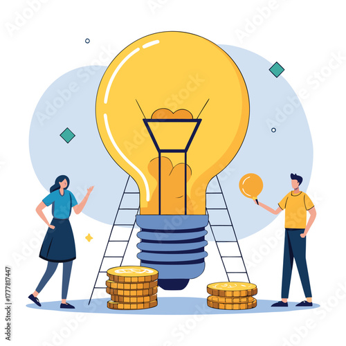 Team working together to build a giant light bulb for new idea generation