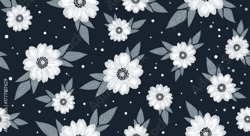 Elegant seamless pattern featuring white daisy-like flowers with grey leaves and subtle dots on a deep navy blue background.
