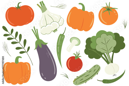 Assortment of fresh vegetables and herbs hand drawn illustration
