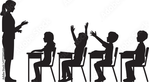 silhouette of students and teacher in a classroom setting with raised hands school education on transparent background, vector illustrator