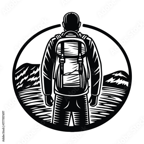 Silhouette of Traveler with Backpack on White Background