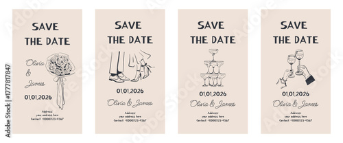 Save the Date. Hand-drawn wedding invitations. Doodles in ink: champagne glasses pyramid, bride and groom, wedding bouquet. Vector illustration. Minimalist design. For stories.